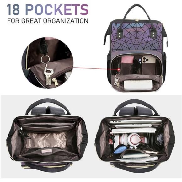 Geometric Luminous Backpack Holographic Reflective Bag Wallet Clutch Set - Picture 3 of 7